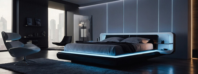 Futuristic bedroom with a floating bed, LED accent lighting, and high-gloss surfaces.
