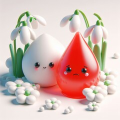 Red and white snowdrops with drops of blood. 3D minimalist cute illustration on a light background.