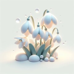 Spring composition with snowdrop flowers. 3D minimalist cute illustration on a light background.
