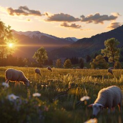 A flock of sheep graze on a meadow in the mountains.