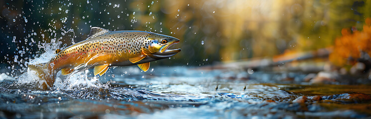 Rainbow trout jumping out of the water with a splash. Fish above water catching bait. Panoramic banner with copy space
