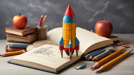 Back To School - Books And Pencils With Rocket Sketch.Generative AI
 - obrazy, fototapety, plakaty
