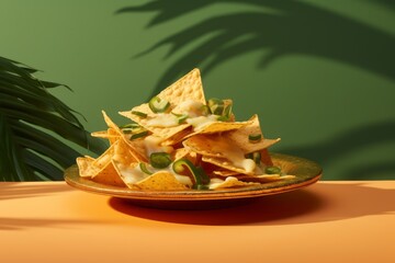 Exquisite nachos on a palm leaf plate against a pastel or soft colors background