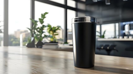 Blank Black tumbler on modern desk with blurred window background for mockup. stainless steel.	