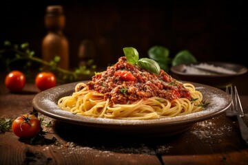 Exquisite spaghetti bolognese on a rustic plate against a rustic wood background