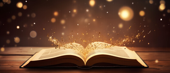 An open book on a rustic wooden table, emitting a warm, magical glow with sparkles against a bokeh light background.