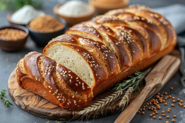 bread and baking mix on a board, in the style of natural fibers