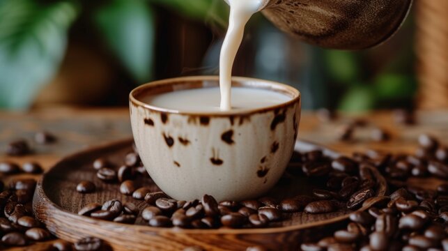 A close-up of a hand pouring milk from a pitcher into a cup of coffee. The cup is sitting on a table full of coffee beans. The background is a blurred image of a coffee shop.
