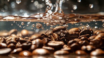 Fresh roasted coffee beans falling into clear water with a splash, isolated on white background. Coffee beans falling in slow motion, captured with high-speed photography.