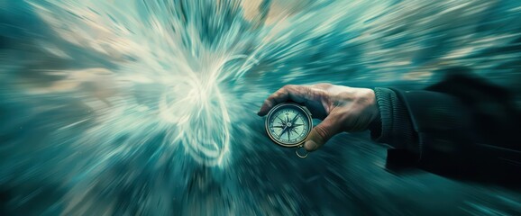 business in action image of a hand holding a compass, in the style of dark blue and light beige, motion blur  - obrazy, fototapety, plakaty