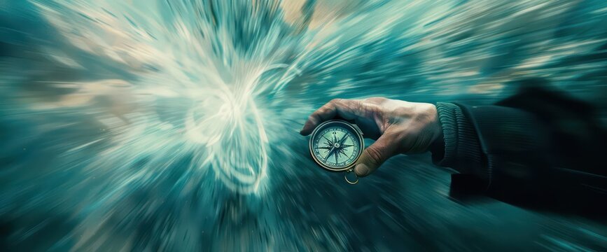 business in action image of a hand holding a compass, in the style of dark blue and light beige, motion blur 