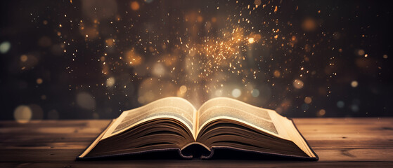 An open book on a rustic wooden table, emitting a warm, magical glow with sparkles against a bokeh light background.