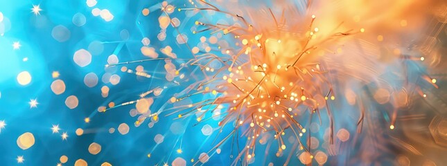 colorful fireworks over blue and orange background, in the style of soft atmospheric scenes, sparkling water reflections - obrazy, fototapety, plakaty