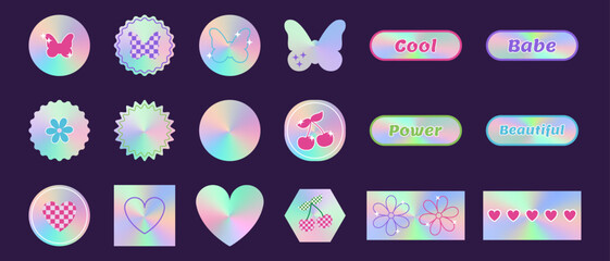 Set of y2k holographic stickers with iridescent foil effect. Symbols of 2000s gradient butterfly, flower, heart, cherry. Vector 
