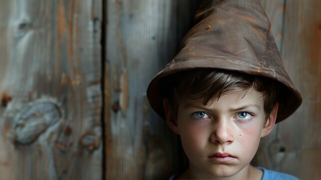 Boy wearing a dunce cap