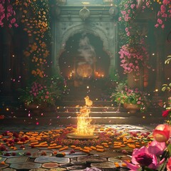 Envision a mystical garden blooming with exotic flowers of every hue, their fragrance filling the air with sweet intoxication. At the heart of the garden, a sacred fire burns eterna