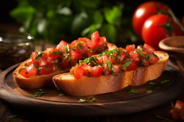 Delicious bruschetta in a clay dish against a rustic wood background