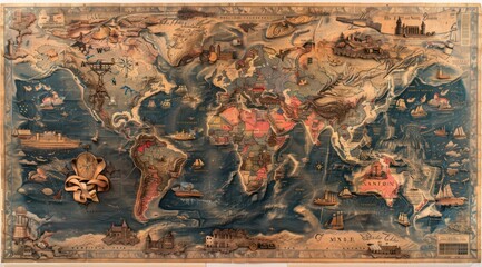 world map in the style of steampunk, playfully intricate, light brown and red, 19th century paintings and works on paper