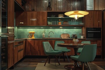 kitchen / dining room furniture image of interior modern living, in the style of nature-inspired compositions, light emerald and dark brown