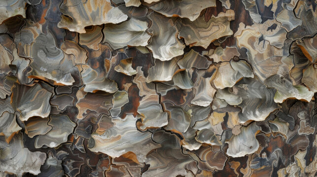 The intricate patterns of a pear trees bark are highlighted in this closeup image. The bark is a mix of dark and light shades forming a mesmerizing pattern that seems to dance