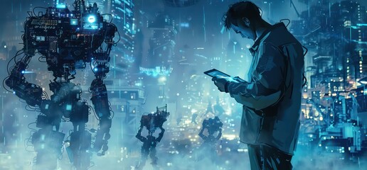 man is looking down at a tablet and robots, in the style of industrial landscapes, light indigo and dark blue