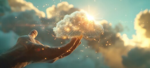 man is touching an abstract cloud on a hand and touching an internet cloud, in the style of geodesic structures, sunrays shine upon it