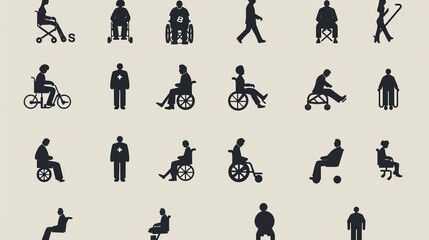 Set of vector disabled signs.Handicapped man sitting in a wheelchair, person with walker, blind,deaf, mental disease icons.Mandatory pictograms for public places,web and app design