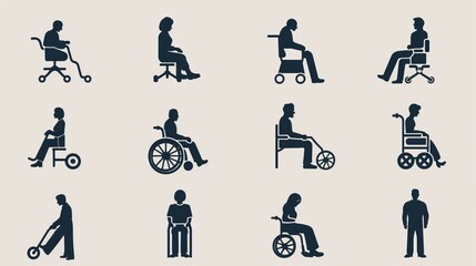 Set of vector disabled signs.Handicapped man sitting in a wheelchair, person with walker, blind,deaf, mental disease icons.Mandatory pictograms for public places,web and app design - obrazy, fototapety, plakaty
