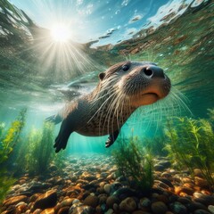 Otter swims in crystal clear water, in search for food
