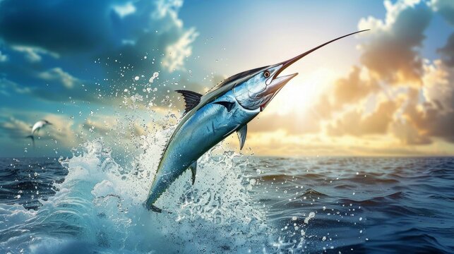 Blue Marlin fish jumping out of ocean water.