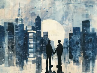 two businessmen hold hands and an image of the city on the background, in the style of multilayered surfaces, light navy and gray