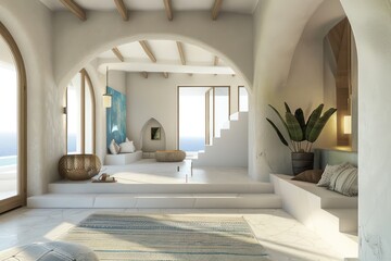 villa on island, in the style of mediterranean landscapes, gold and cyan, dreamy and romantic compositions, dark white and beige, modern, azure