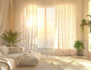 white sofa living room with beige curtains and plants, in the style of light pink and amber, romantic landscape