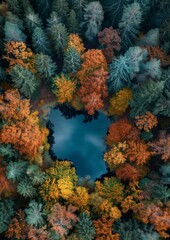 A view of the pond in the beautiful forest from above.