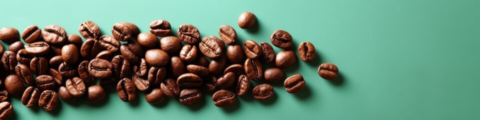 Freshly roasted coffee beans on green background, perfect for coffee shop or aroma ad
