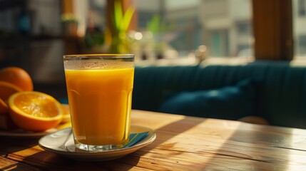 Fototapeta na wymiar Sunny morning scene with a glass of orange juice and cut oranges on a cafe table, invoking freshness and health
