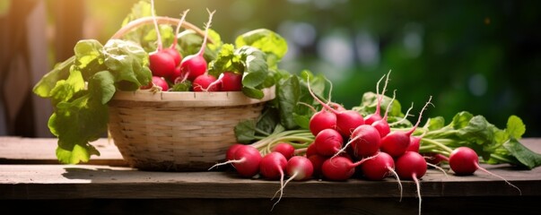 Fresh crunchy radish in a basket on a table in the garden.
