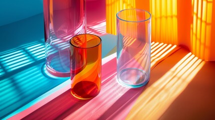 Artistic display of translucent colored glassware casting vibrant shadows on a bright, multicolored surface, colorful glassware casting shadows on table.