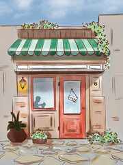 An old bookstore with a silhouette of a reader in the window. A stone building with a striped green awning. Watercolor digital illustration
