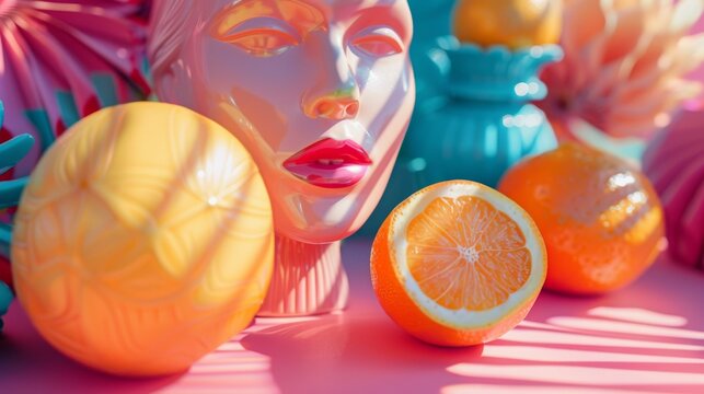 A surreal still life composition featuring a mannequin head with vibrant lips alongside fresh citrus fruit on a pink striped background, surreal composition with mannequin and citrus.