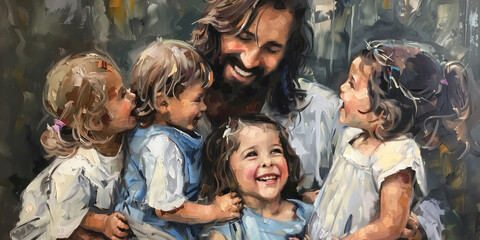 Artistic depiction of Jesus Christ with a group of young happy children. Oil painting christian art style