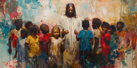 Artistic depiction of Jesus Christ with a group of young happy children. Oil painting christian art style - obrazy, fototapety, plakaty