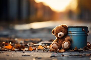 A Lonely Teddy Bear Sitting Near the  Blue Container, Illuminated by Sunlight Amidst Fallen Autumn Leaves in the Street Symbolizing Change and Decay. A Nostalgic Scene of Childhood Memories and Sereni - obrazy, fototapety, plakaty