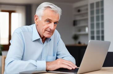 an elderly man is sitting at a table and looking at a laptop, making online purchases