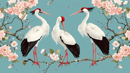 Naklejka premium japanese storks in vintage style on Blue background