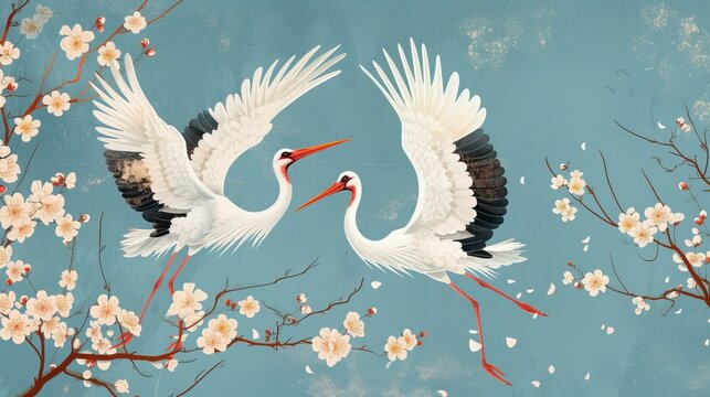 japanese storks in vintage style on Blue background