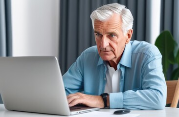 an elderly man is sitting at a table and looking at a laptop, making online purchases