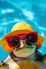 A turtle wearing glasses and a hat is relaxing on a tropical beach