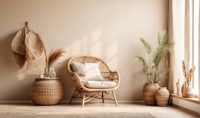 Empty beige wall in boho room interior with wicker armchair and vase