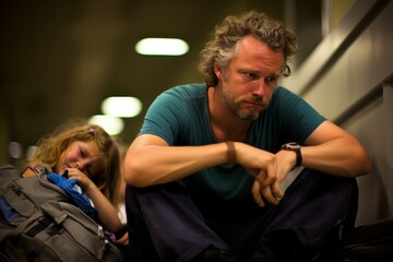 Father and Daughter Sit on  the Airport Terminal Floor, Family Bonding Time Before Flight, Emotional Scene of Parent and Child Traveling Together, Concept of Long and Boring Waiting for a Flight.